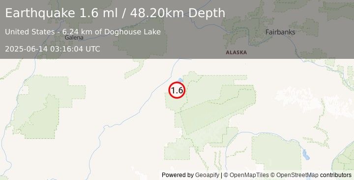 Earthquake 19 km S of Lake Minchumina, Alaska (1.6 ml) (2025-06-14 03:16:04 UTC)