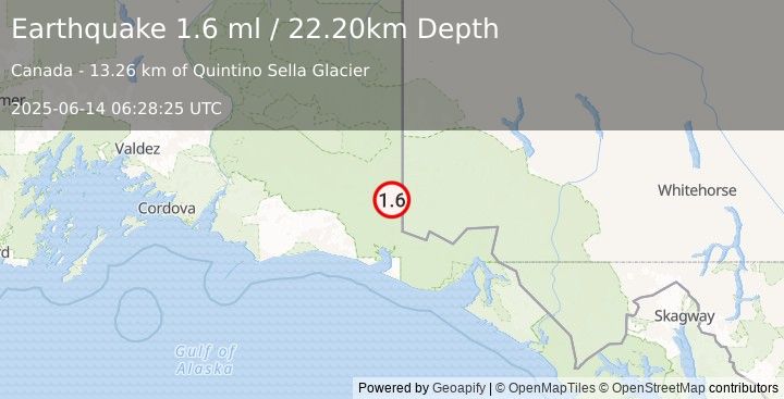 Earthquake 128 km SE of McCarthy, Alaska (1.6 ml) (2025-06-14 06:28:25 UTC)