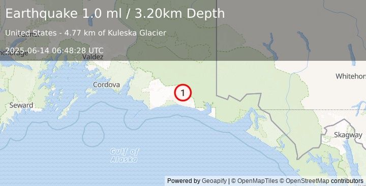 Earthquake 122 km SSE of McCarthy, Alaska (1.0 ml) (2025-06-14 06:48:28 UTC)
