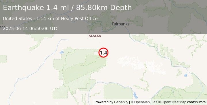 Earthquake 3 km NW of Healy, Alaska (1.4 ml) (2025-06-14 06:50:06 UTC)