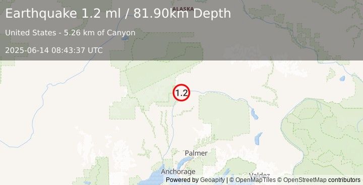 Earthquake 45 km NNE of Chase, Alaska (1.2 ml) (2025-06-14 08:43:37 UTC)