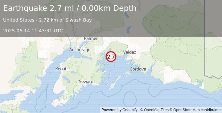 Earthquake 55 km WNW of Tatitlek, Alaska (2.7 ml) (2025-06-14 11:43:31 UTC)
