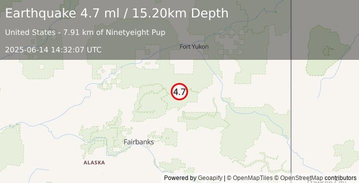 Earthquake 47 km WNW of Central, Alaska (4.7 ml) (2025-06-14 14:32:06 UTC)