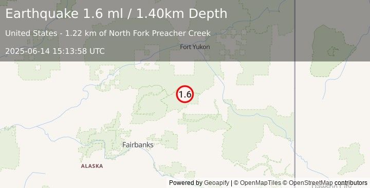 Earthquake 45 km WNW of Central, Alaska (1.6 ml) (2025-06-14 15:13:58 UTC)
