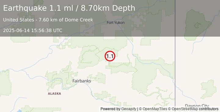 Earthquake 40 km W of Central, Alaska (1.1 ml) (2025-06-14 15:56:38 UTC)