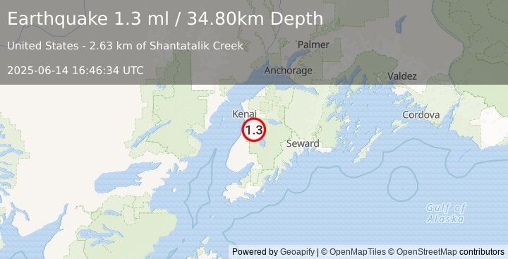 Earthquake 17 km E of Kasilof, Alaska (1.3 ml) (2025-06-14 16:46:34 UTC)