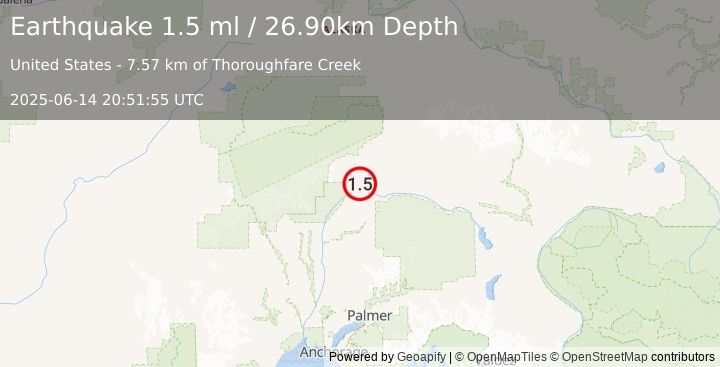 Earthquake 53 km SSW of Cantwell, Alaska (1.5 ml) (2025-06-14 20:51:55 UTC)