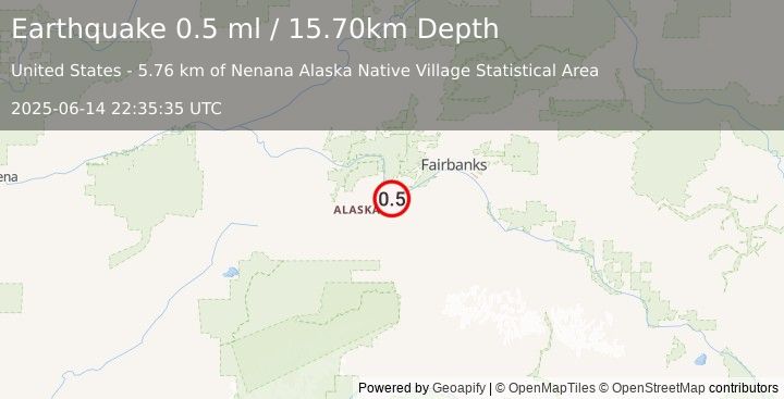 Earthquake 7 km ESE of Nenana, Alaska (0.5 ml) (2025-06-14 22:35:35 UTC)