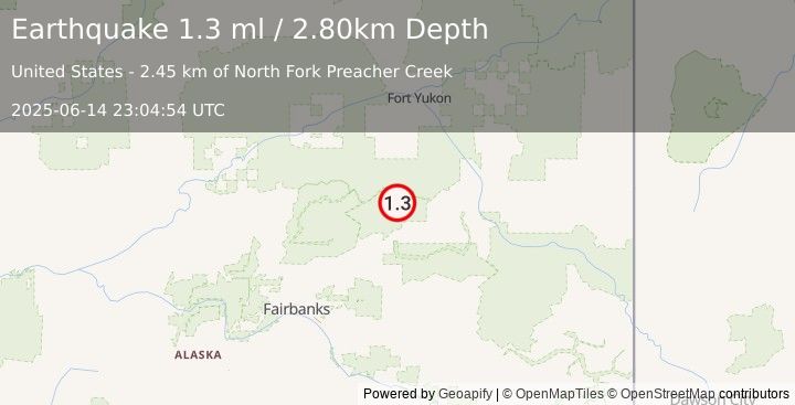 Earthquake 44 km WNW of Central, Alaska (1.3 ml) (2025-06-14 23:04:54 UTC)