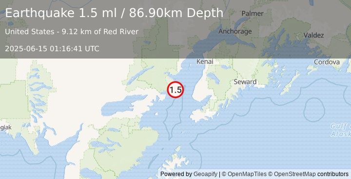 Earthquake 45 km WNW of Anchor Point, Alaska (1.5 ml) (2025-06-15 01:16:41 UTC)