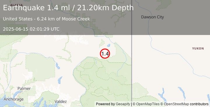 Earthquake 40 km ESE of Mentasta Lake, Alaska (1.4 ml) (2025-06-15 02:01:29 UTC)