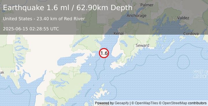 Earthquake 30 km W of Anchor Point, Alaska (1.6 ml) (2025-06-15 02:28:55 UTC)