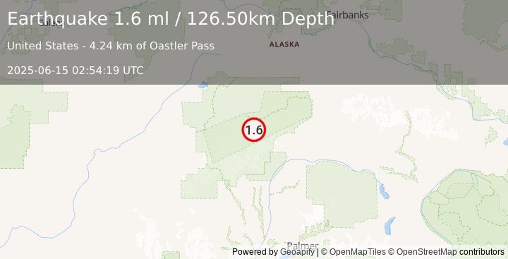 Earthquake 62 km ESE of Denali National Park, Alaska (1.6 ml) (2025-06-15 02:54:19 UTC)