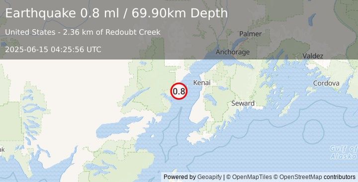 Earthquake 48 km NW of Ninilchik, Alaska (0.8 ml) (2025-06-15 04:25:56 UTC)
