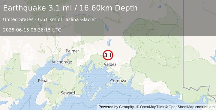 Earthquake 37 km NNW of Valdez, Alaska (3.1 ml) (2025-06-15 06:36:15 UTC)