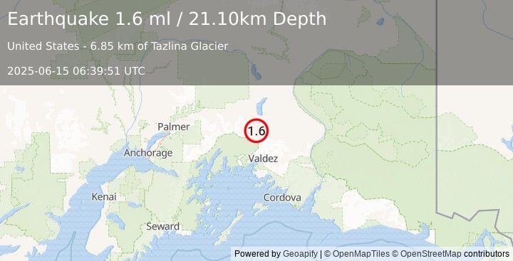 Earthquake 47 km NNW of Valdez, Alaska (1.6 ml) (2025-06-15 06:39:51 UTC)