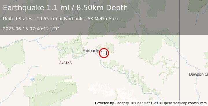 Earthquake 15 km SSE of Pleasant Valley, Alaska (1.1 ml) (2025-06-15 07:40:12 UTC)