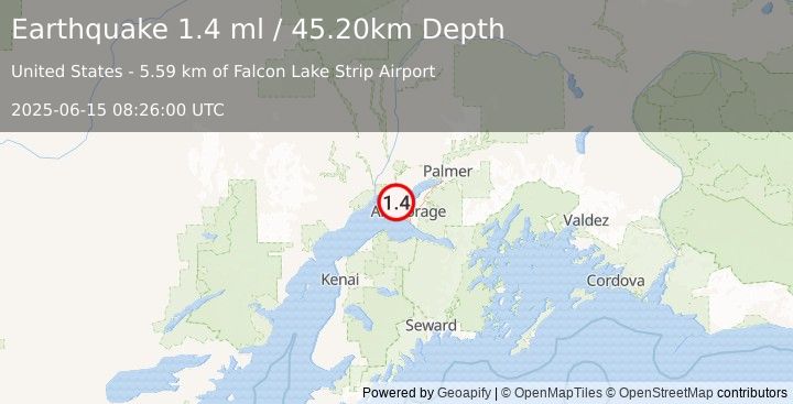 Earthquake 10 km SW of Point MacKenzie, Alaska (1.4 ml) (2025-06-15 08:26:00 UTC)