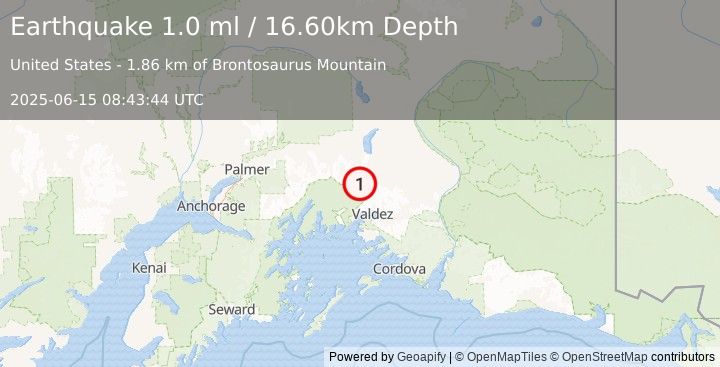 Earthquake 38 km NNW of Valdez, Alaska (1.0 ml) (2025-06-15 08:43:44 UTC)