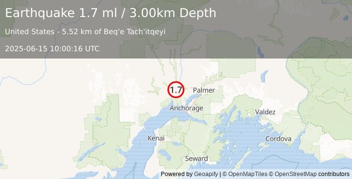 Earthquake 10 km NE of Susitna, Alaska (1.7 ml) (2025-06-15 10:00:16 UTC)
