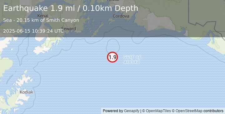 Earthquake 144 km SE of Chenega, Alaska (1.9 ml) (2025-06-15 10:39:24 UTC)