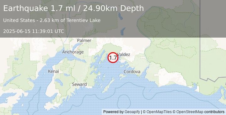Earthquake 28 km NW of Tatitlek, Alaska (1.7 ml) (2025-06-15 11:39:01 UTC)