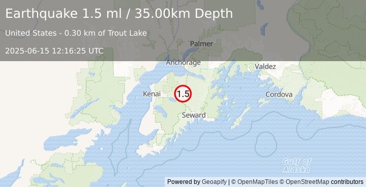 Earthquake 8 km NNW of Cooper Landing, Alaska (1.5 ml) (2025-06-15 12:16:25 UTC)