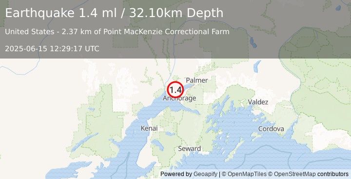 Earthquake 6 km NW of Point MacKenzie, Alaska (1.4 ml) (2025-06-15 12:29:17 UTC)