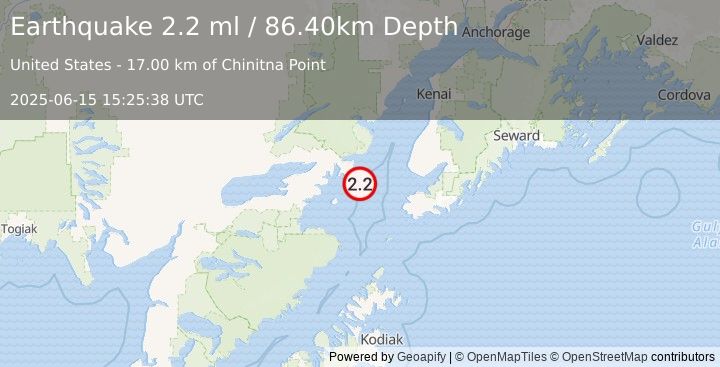 Earthquake 59 km WNW of Nanwalek, Alaska (2.2 ml) (2025-06-15 15:25:38 UTC)