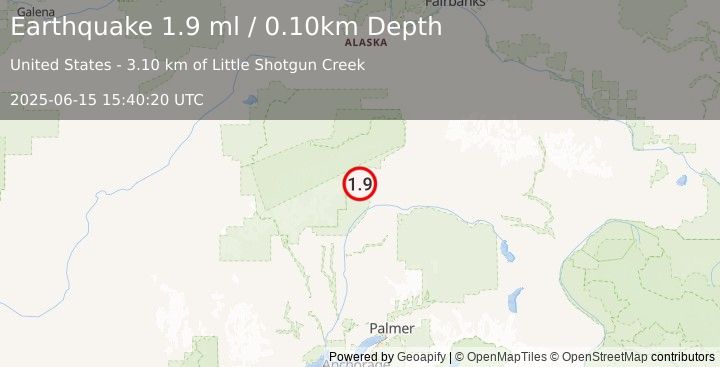 Earthquake 55 km SW of Cantwell, Alaska (1.9 ml) (2025-06-15 15:40:20 UTC)
