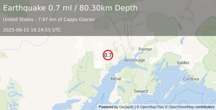 Earthquake 49 km NW of Beluga, Alaska (0.7 ml) (2025-06-15 16:24:55 UTC)