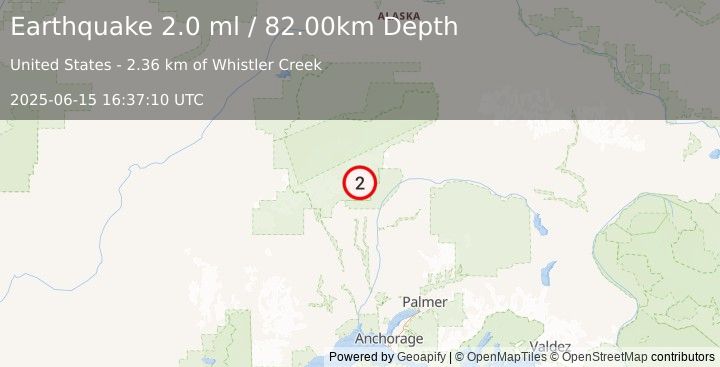 Earthquake 36 km NNE of Petersville, Alaska (2.0 ml) (2025-06-15 16:37:10 UTC)