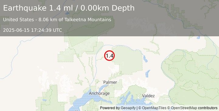 Earthquake 49 km E of Chase, Alaska (1.4 ml) (2025-06-15 17:24:39 UTC)