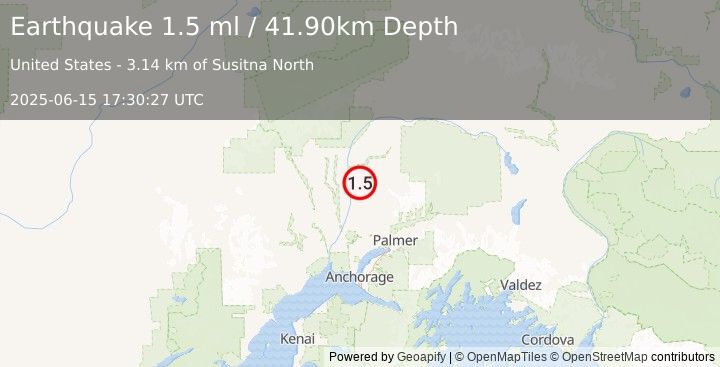 Earthquake 3 km NW of Susitna North, Alaska (1.5 ml) (2025-06-15 17:30:27 UTC)