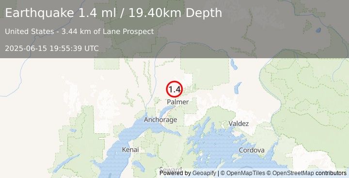 Earthquake 14 km N of Fishhook, Alaska (1.4 ml) (2025-06-15 19:55:39 UTC)