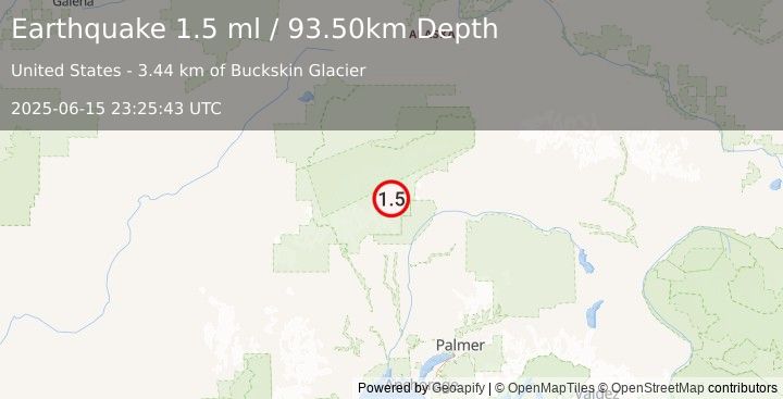 Earthquake 53 km NNE of Petersville, Alaska (1.5 ml) (2025-06-15 23:25:43 UTC)