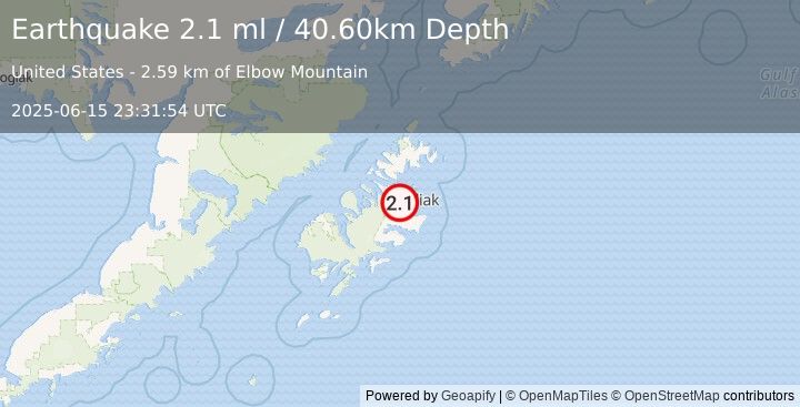 Earthquake 6 km WSW of Kodiak Station, Alaska (2.1 ml) (2025-06-15 23:31:54 UTC)