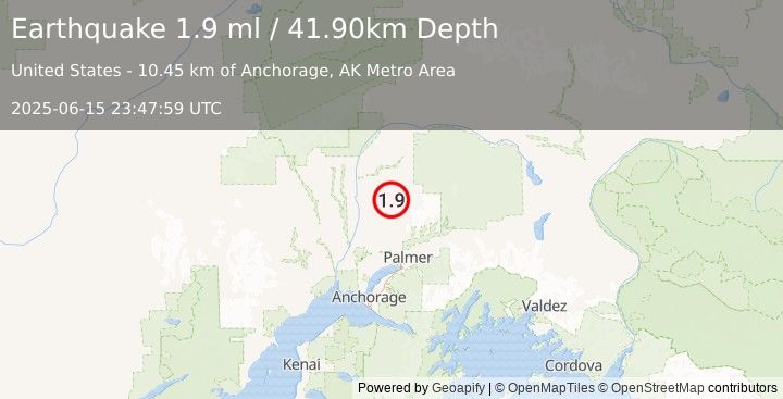 Earthquake 21 km E of Susitna North, Alaska (1.9 ml) (2025-06-15 23:47:59 UTC)