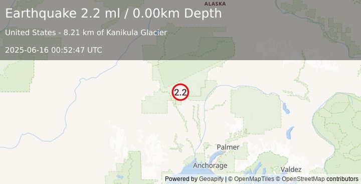 Earthquake 33 km NW of Petersville, Alaska (2.2 ml) (2025-06-16 00:52:47 UTC)