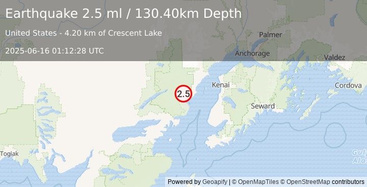 Earthquake 74 km WNW of Ninilchik, Alaska (2.5 ml) (2025-06-16 01:12:28 UTC)