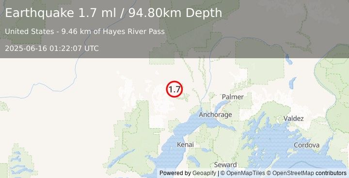 Earthquake 31 km SW of Skwentna, Alaska (1.7 ml) (2025-06-16 01:22:07 UTC)