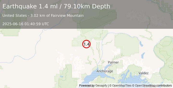 Earthquake 42 km WSW of Petersville, Alaska (1.4 ml) (2025-06-16 01:40:59 UTC)