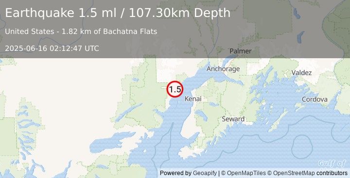 Earthquake 43 km W of Nikiski, Alaska (1.5 ml) (2025-06-16 02:12:47 UTC)