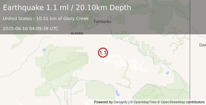 Earthquake 61 km E of Denali Park, Alaska (1.1 ml) (2025-06-16 04:09:39 UTC)