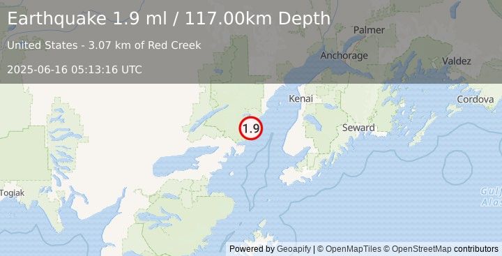 Earthquake 63 km WNW of Happy Valley, Alaska (1.9 ml) (2025-06-16 05:13:16 UTC)