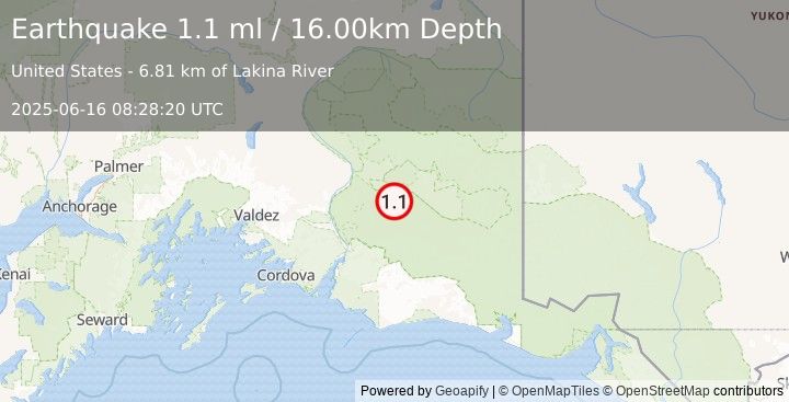 Earthquake 40 km WSW of McCarthy, Alaska (1.1 ml) (2025-06-16 08:28:20 UTC)