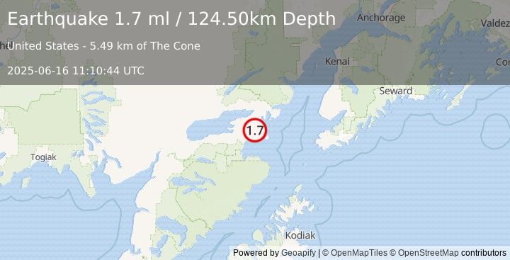 Earthquake 37 km SSE of Pedro Bay, Alaska (1.7 ml) (2025-06-16 11:10:44 UTC)