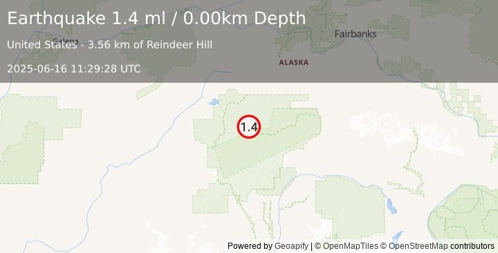 Earthquake 31 km E of Denali National Park, Alaska (1.4 ml) (2025-06-16 11:29:28 UTC)