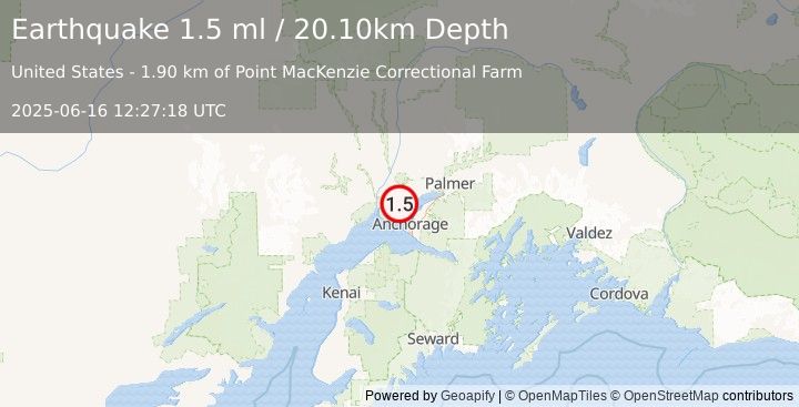 Earthquake 8 km NW of Point MacKenzie, Alaska (1.5 ml) (2025-06-16 12:27:18 UTC)