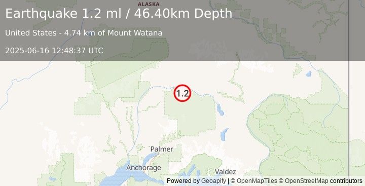 Earthquake 82 km SSE of Cantwell, Alaska (1.2 ml) (2025-06-16 12:48:37 UTC)